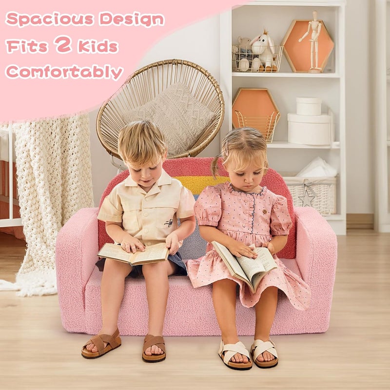 Foryoomi Extra Wide Kids Couch, 2-in-1 Soft Toddler Couch with Blanket, Comfy Toddler Chair, Convertible Sofa with Cute Colorful Rainbow Design, Pink - Image 3
